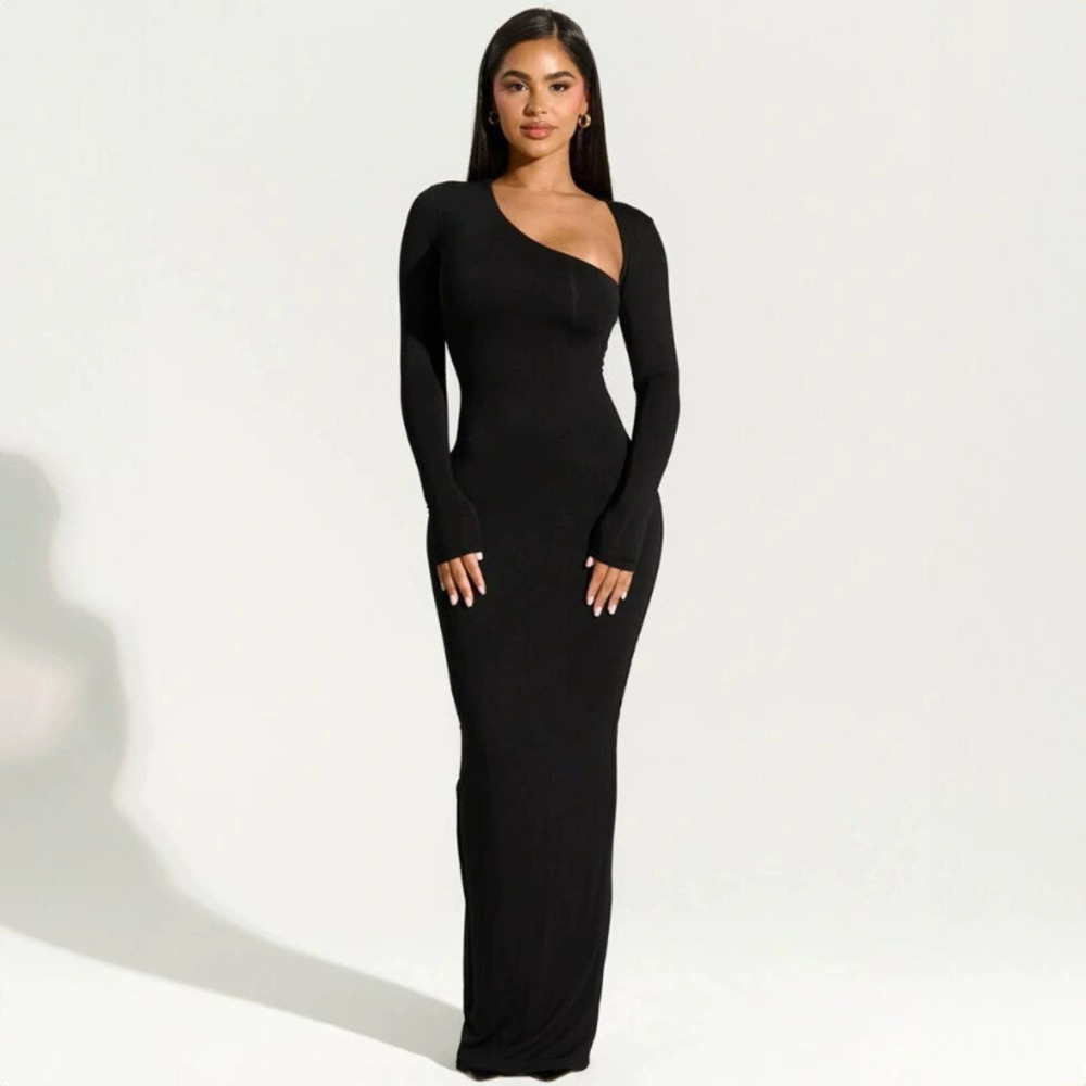Zara Spring Long Sleeve Back Slit Dress Slim Fit Slant Neck